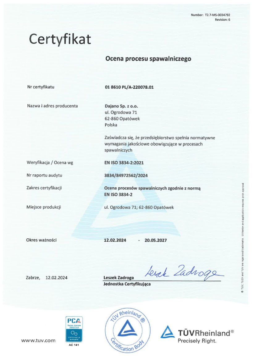Certyfikat procesu spawania wg normy EN ISO 3834-2